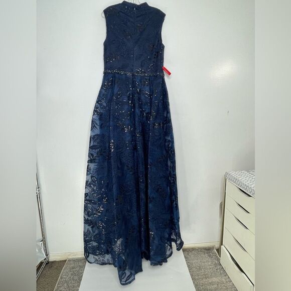 Mac Duggal 20098 Size 14 High Mock-Neck Beaded Column Gown with Overskirt, Navy - Picture 3 of 14